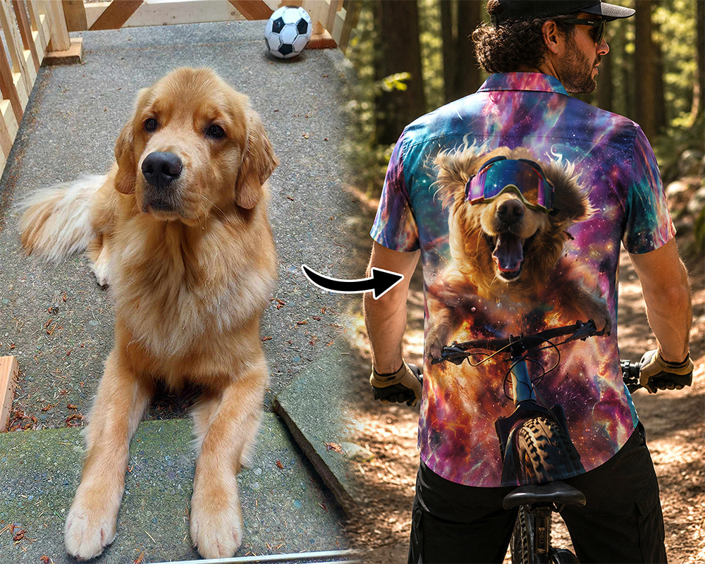 Golden retriever photo transformed into Style 1 artwork on an adult custom shirt