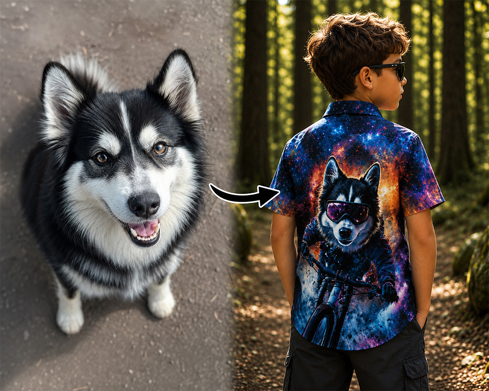 Husky photo transformed into Style 2 artwork on a youth custom shirt