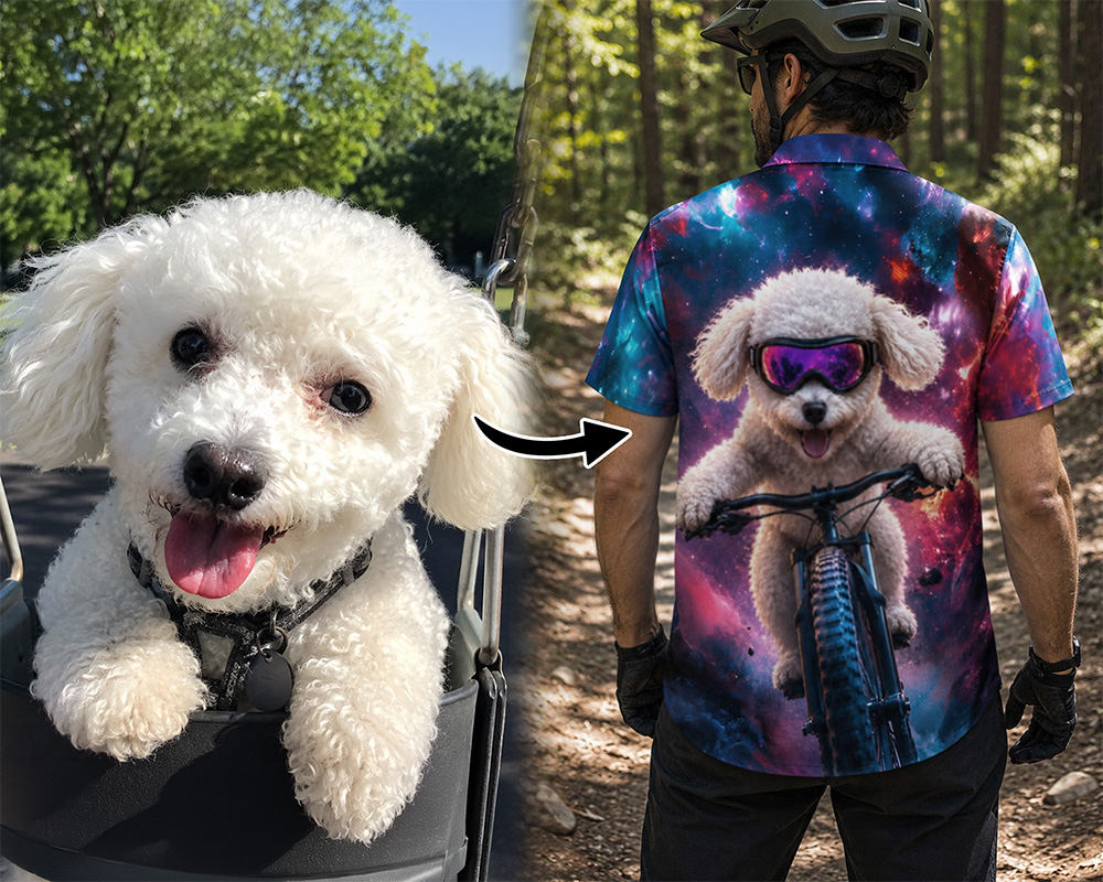 Small white dog photo transformed into Style 3 artwork on an adult custom shirt