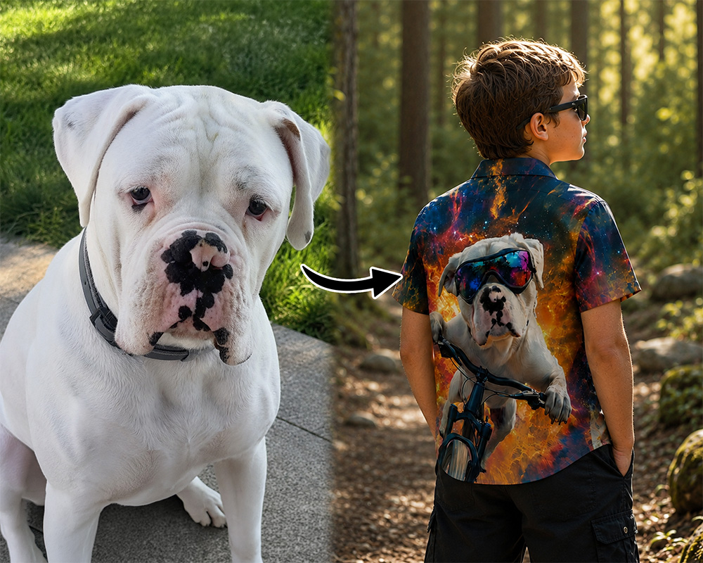 White boxer dog photo transformed into Style 4 artwork on a youth custom shirt